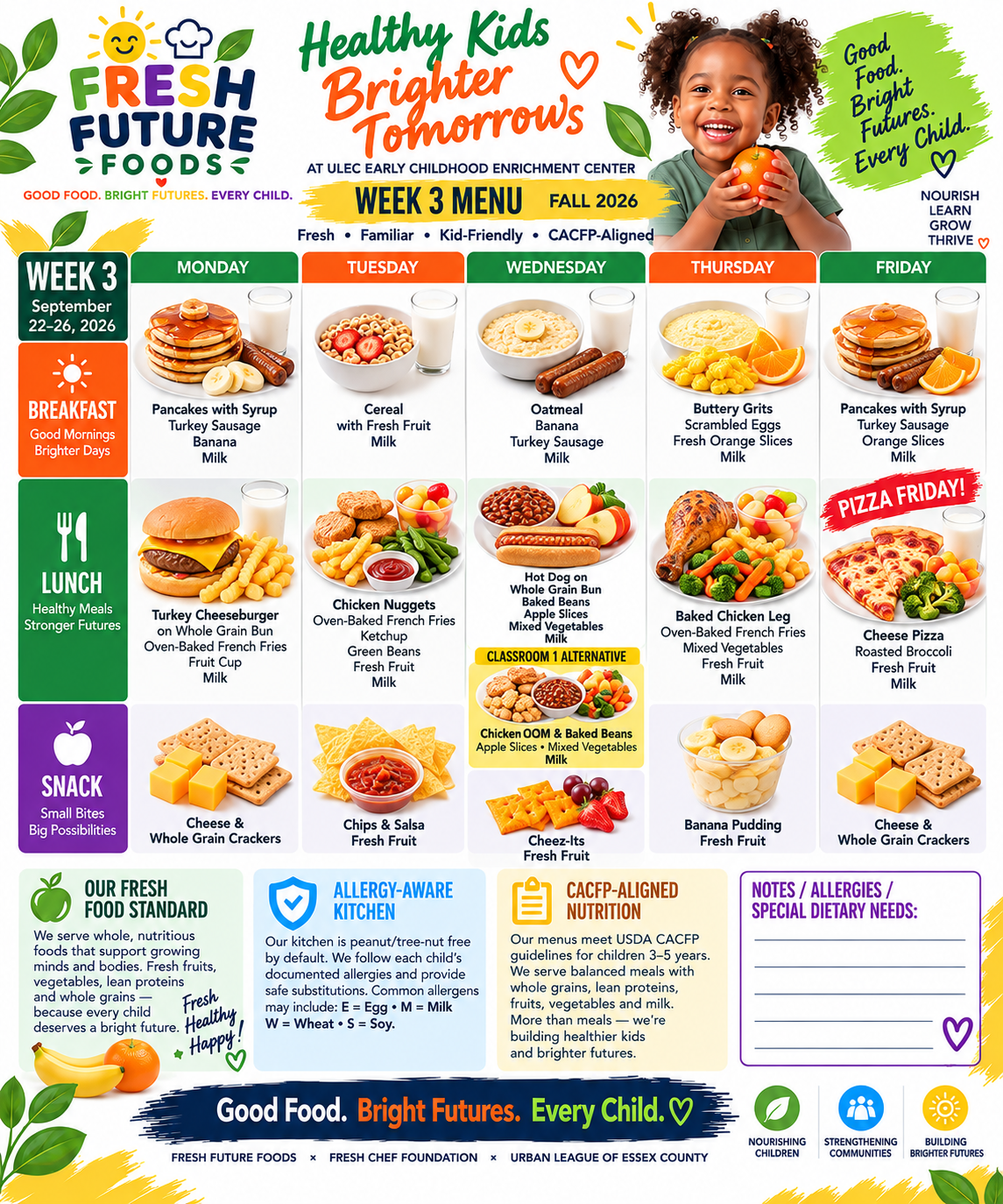 Fresh Future Foods Week 3 printed menu for Fall 2026